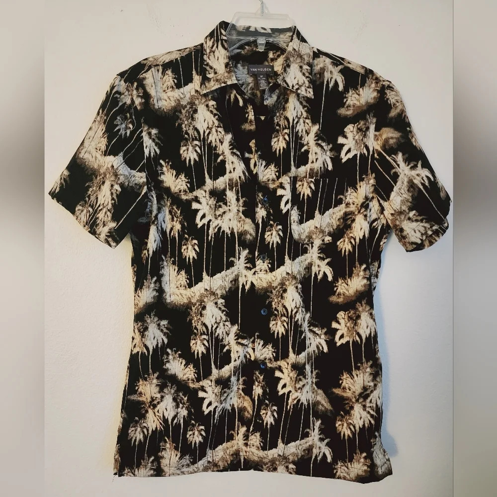 Van Heusen Midnight Palm Print Man Wicking Quick-Dry Pocket SZ S/P 14-14.5 (NWT)